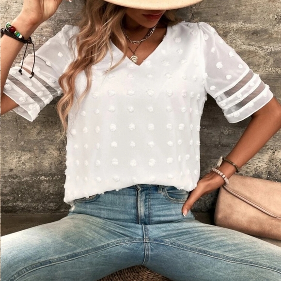 Swiss Dot Vneck Short Sleeve Blouse in White - Picture 5 of 7